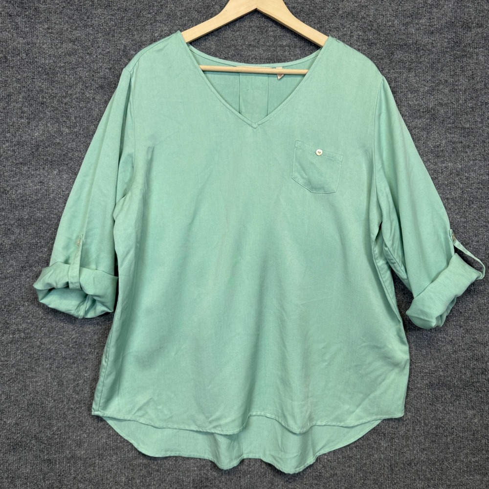 Soft Surroundings Size XL Tunic Blouse Mint Green Tencel Roll Tab Sleeves V Neck